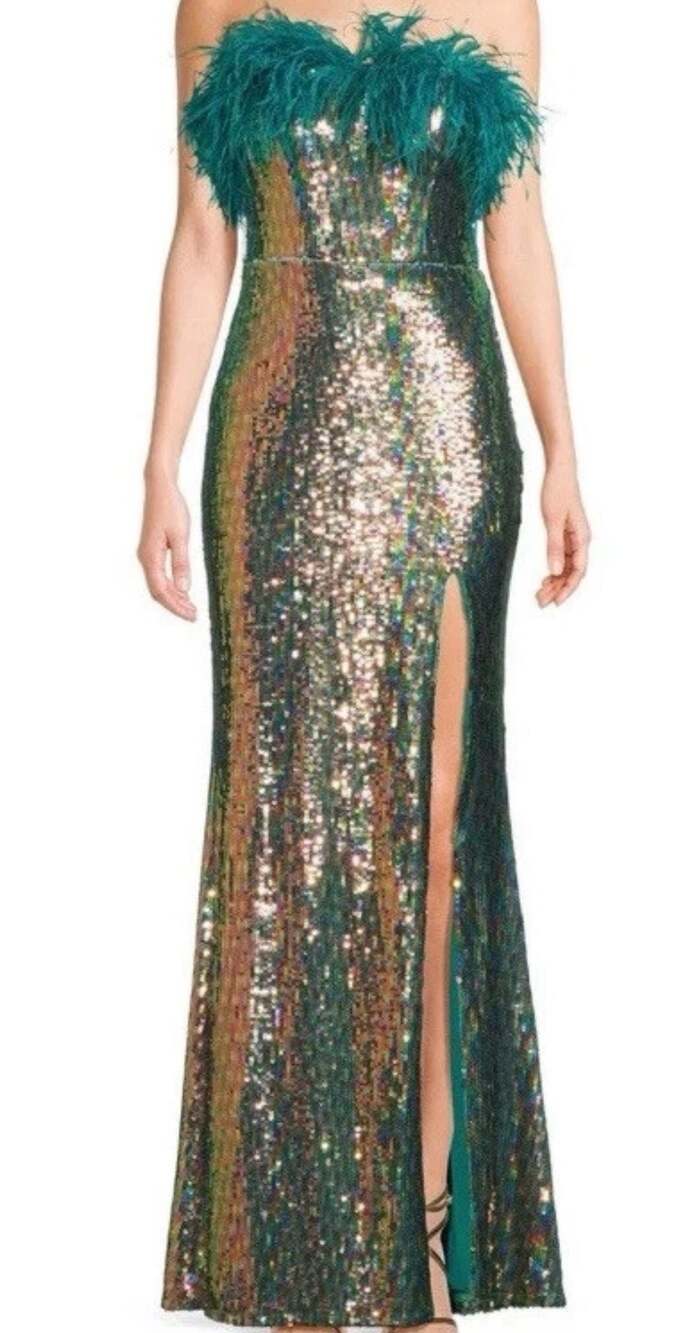 City Vibe Rainbow Sequin Strapless Gown with Feather Trim and Side Slit